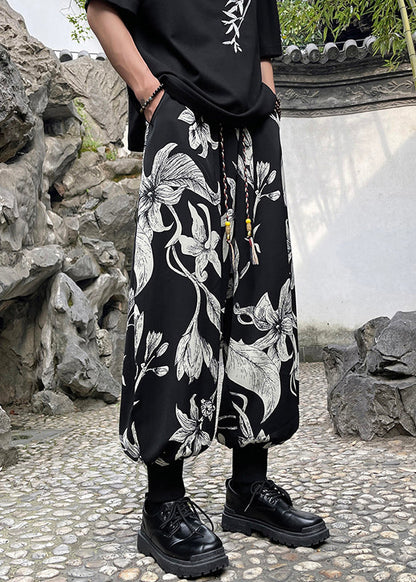 Retro Black Pockets Print Ice Silk Beam Pants Apparel Summer