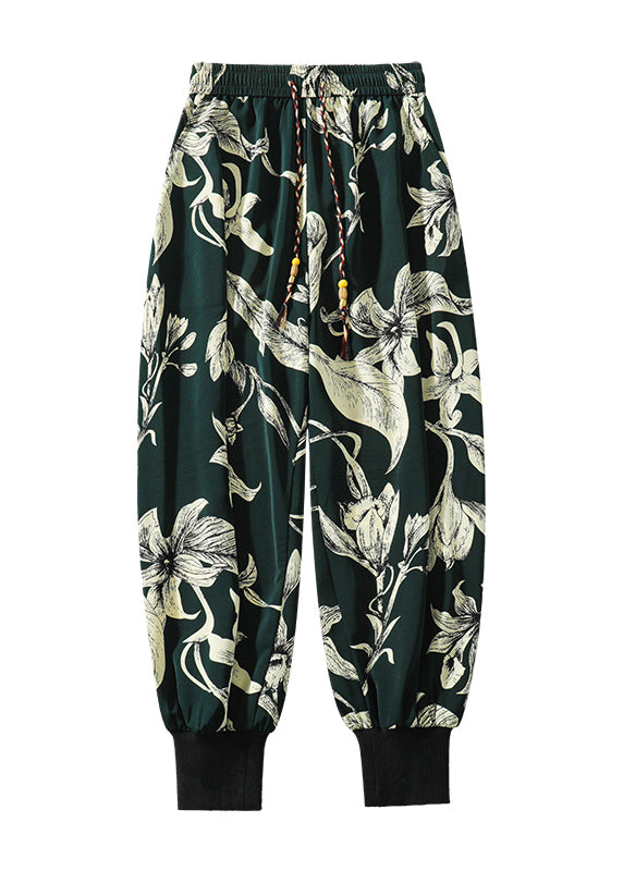 Retro Black Pockets Print Ice Silk Beam Pants Apparel Summer