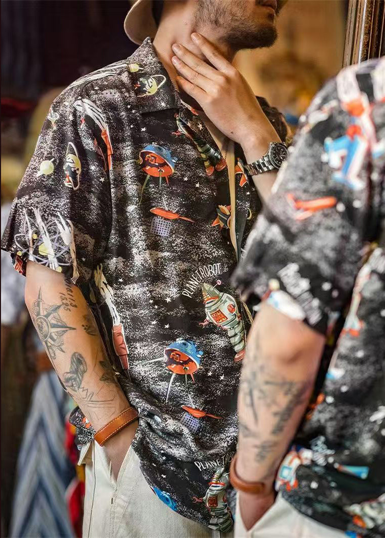 Retro Black Print Button Cotton Shirts Summer