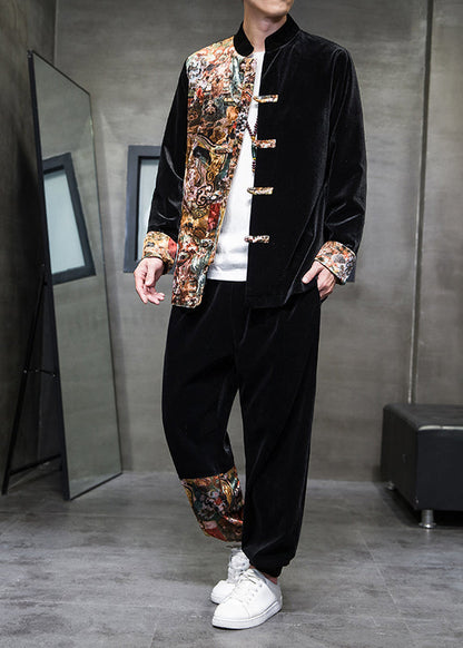 Retro Black Print Patchwork Corduroy Shirts and Pants Two Piece Set Spring