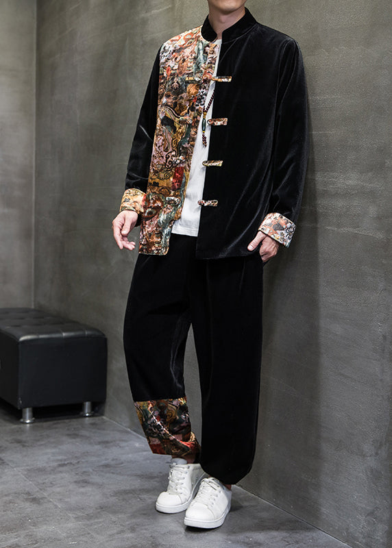 Retro Black Print Patchwork Corduroy Shirts and Pants Two Piece Set Spring