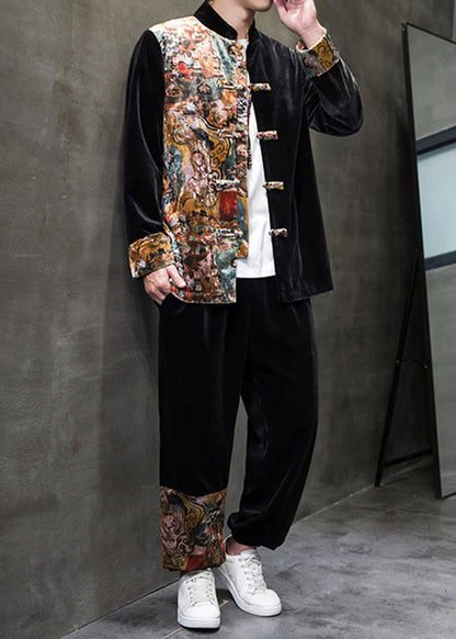 Retro Black Print Patchwork Corduroy Shirts and Pants Two Piece Set Spring