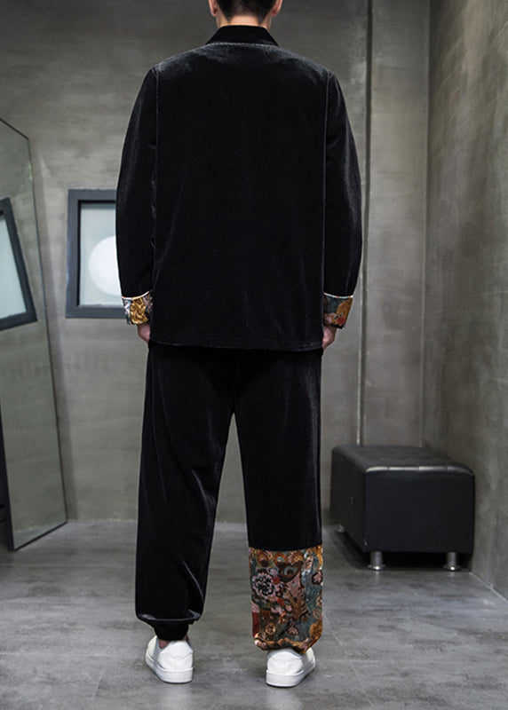 Retro Black Print Patchwork Corduroy Shirts and Pants Two Piece Set Spring