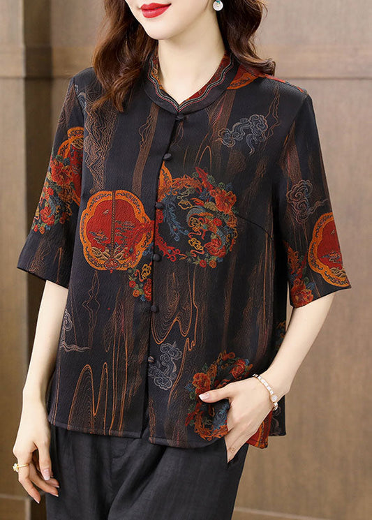 Retro Black Print Stand Collar Button Silk Blouse Top Half Sleeve