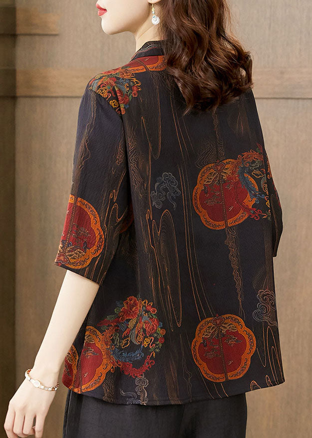 Retro Black Print Stand Collar Button Silk Blouse Top Half Sleeve