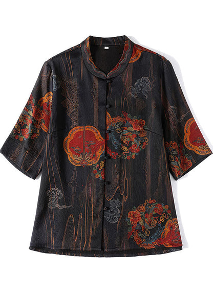 Retro Black Print Stand Collar Button Silk Blouse Top Half Sleeve