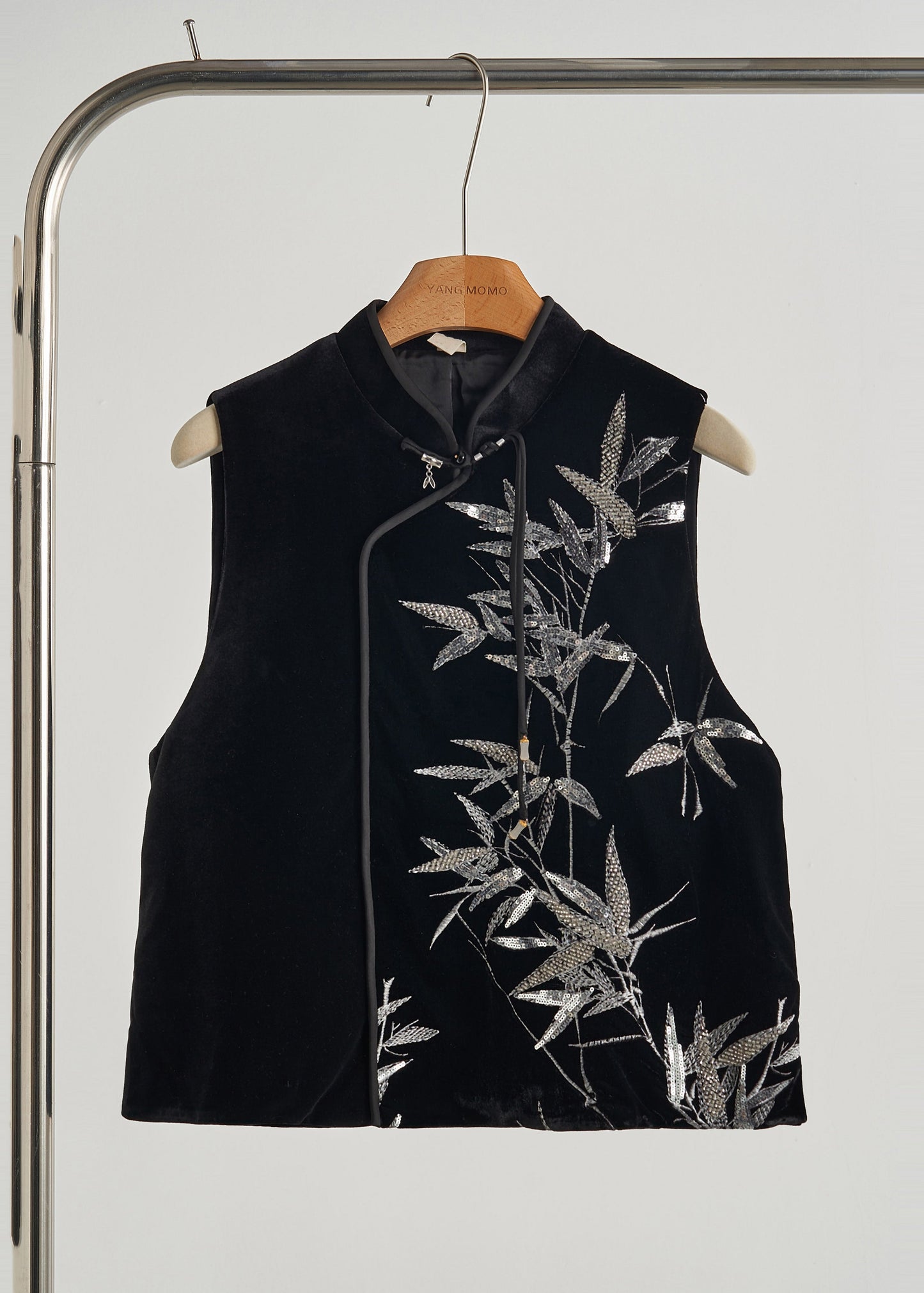 Retro Black Sequins Bamboo Silk Velour Top Spring