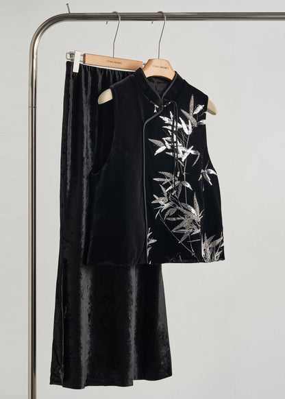 Retro Black Sequins Bamboo Silk Velour Top Spring