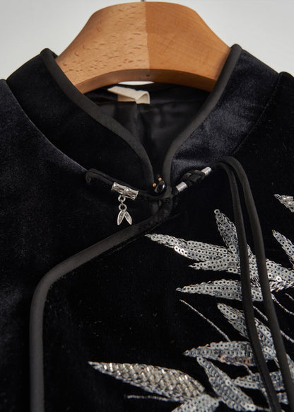 Retro Black Sequins Bamboo Silk Velour Top Spring
