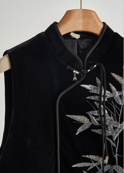 Retro Black Sequins Bamboo Silk Velour Top Spring