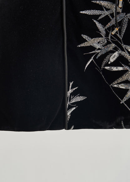 Retro Black Sequins Bamboo Silk Velour Top Spring
