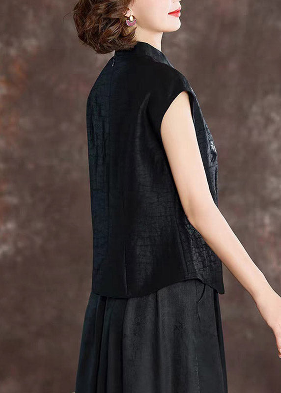 Retro Black Stand Collar Embroidered Silk T Shirt Summer