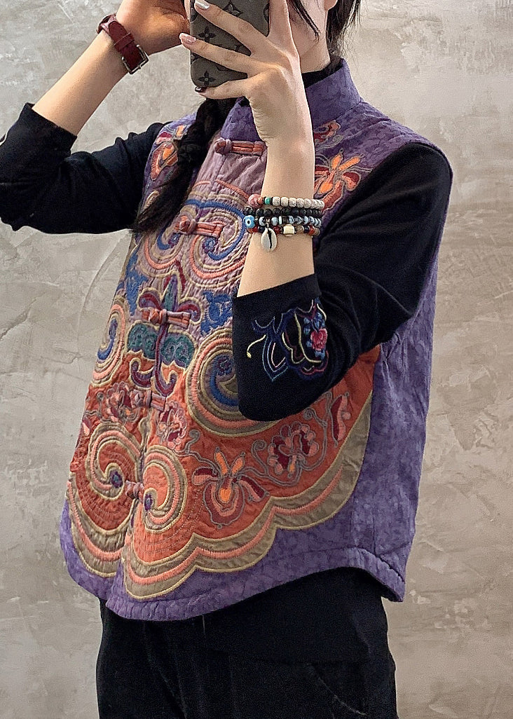 Retro Black Stand Collar Embroideried Button Waistcoat Fall