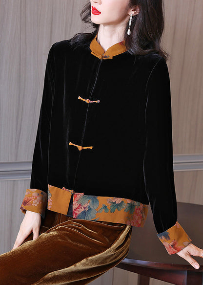Retro Black Stand Collar Print Patchwork Button Velour Coats Long Sleeve