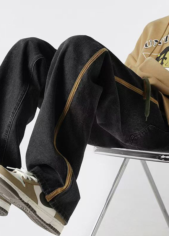 Retro Black Striped Lace Up Denim Pants Spring