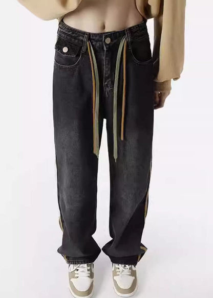 Retro Black Striped Lace Up Denim Pants Spring