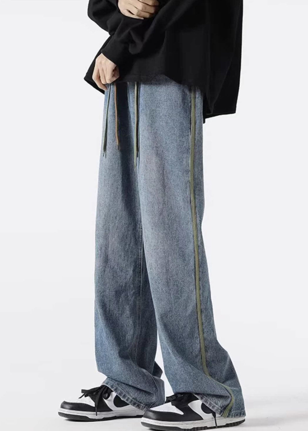 Retro Black Striped Lace Up Denim Pants Spring