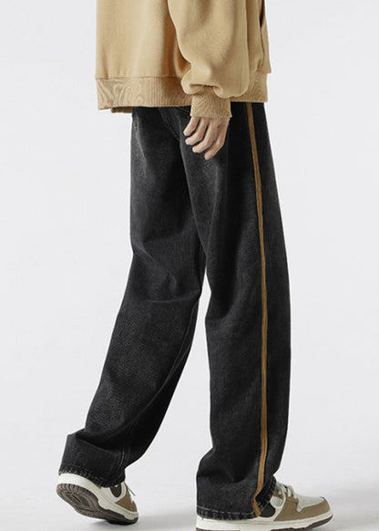 Retro Black Striped Lace Up Denim Pants Spring