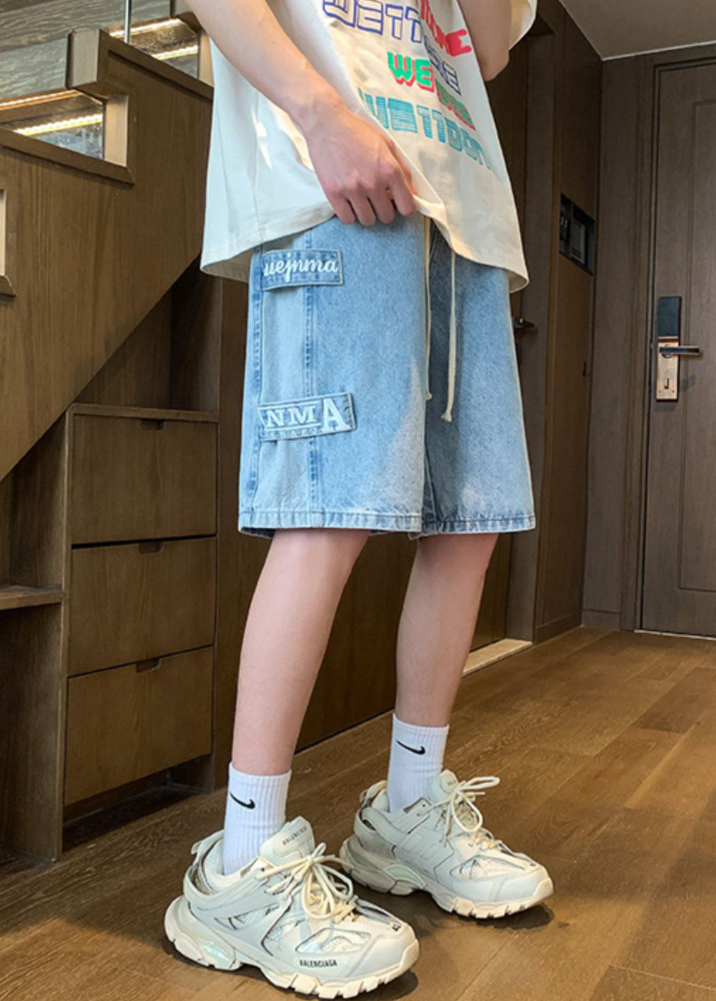 Retro Blue Letter Pockets Patchwork Denim Shorts Summer