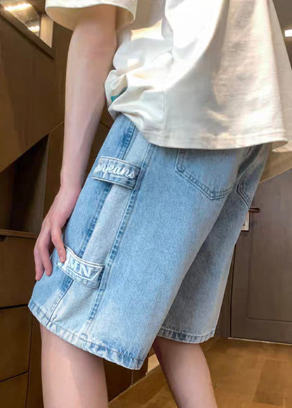 Retro Blue Letter Pockets Patchwork Denim Shorts Summer
