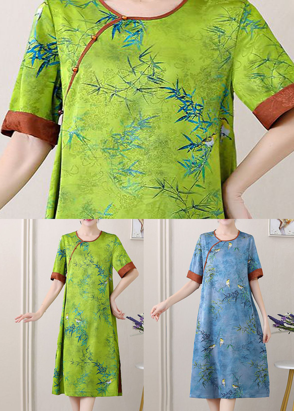 Retro Blue O-neck Jacquard Side Open Patchwork Silk Mid Dress Summer