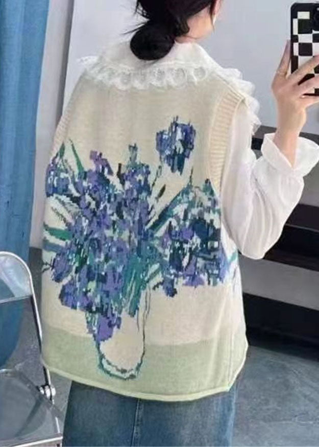 Retro Blue O-neck Print Cotton Knit Waistcoat Sleeveless