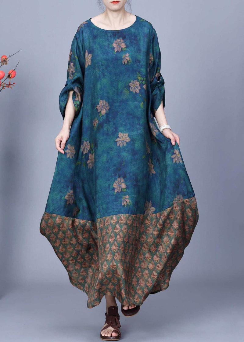 Retro Blue O-neck Print Patchwork Silk Maxi Dress Spring