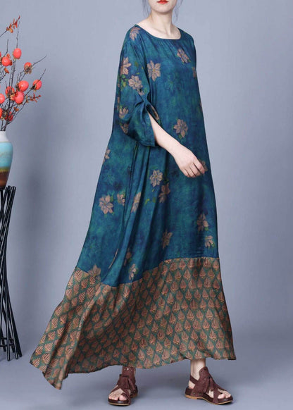 Retro Blue O-neck Print Patchwork Silk Maxi Dress Spring