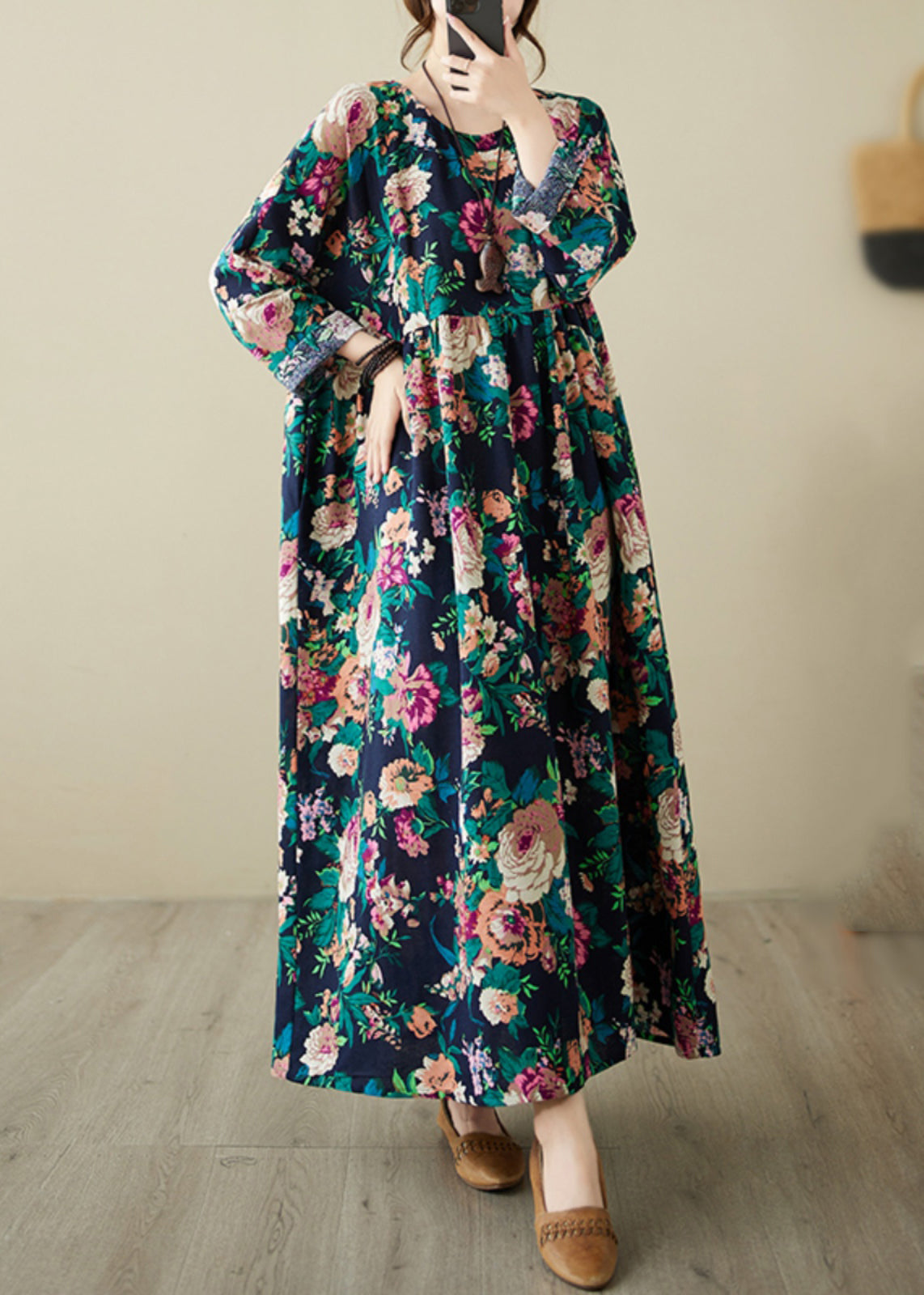 Retro Blue O-neck Print Pockets Long Dress Spring