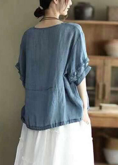 Retro Red O-neck Ruffled Button Drawstring Top Half Sleeve