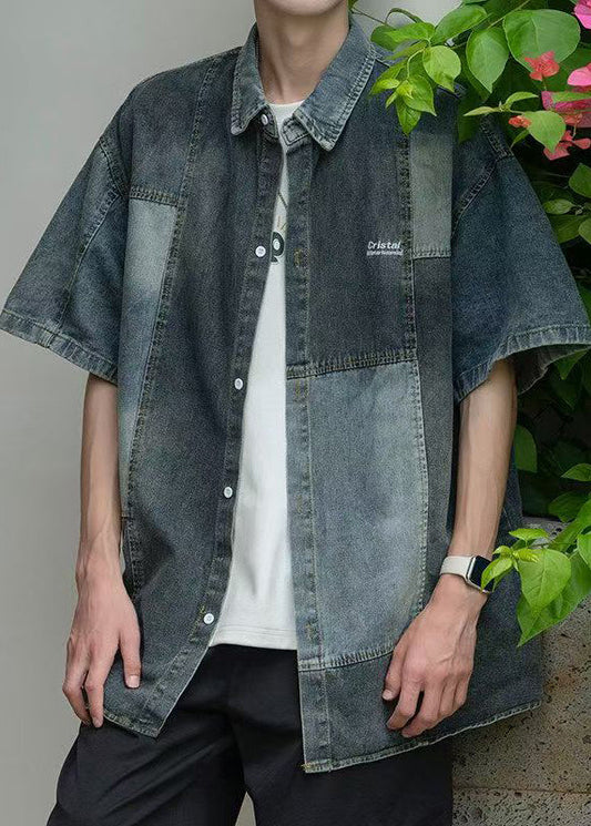 Retro Blue Peter Pan Collar Button Patchwork Shirts Summer
