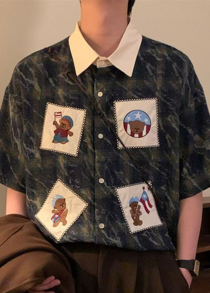 Retro Blue Plaid Button Oversized Cotton Shirts Summer