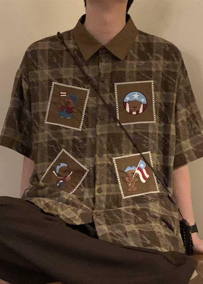 Retro Blue Plaid Button Oversized Cotton Shirts Summer