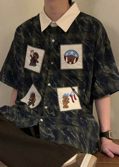 Retro Blue Plaid Button Oversized Cotton Shirts Summer