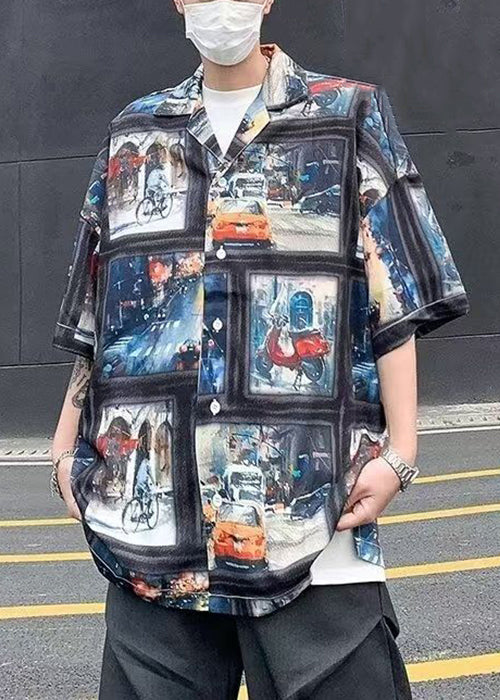 Retro Blue Print Original Design Ice Silk Shirts Half Sleeve