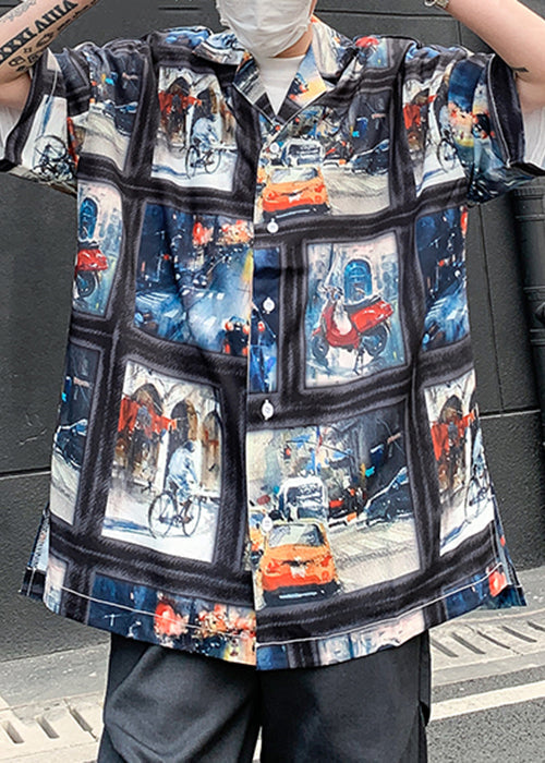 Retro Blue Print Original Design Ice Silk Shirts Half Sleeve