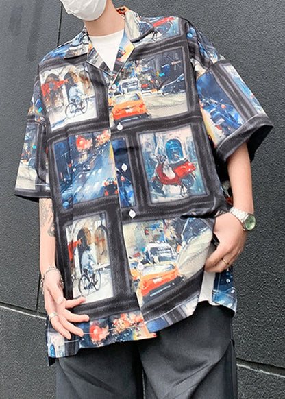 Retro Blue Print Original Design Ice Silk Shirts Half Sleeve