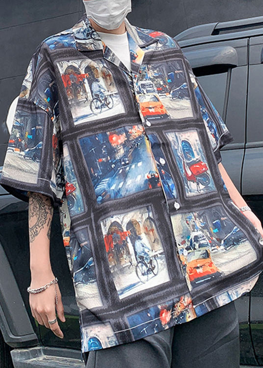 Retro Blue Print Original Design Ice Silk Shirts Half Sleeve