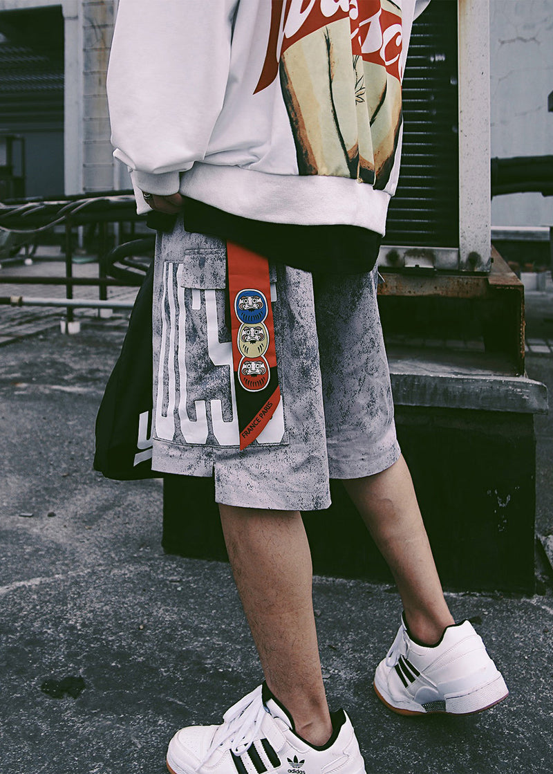 Retro Blue Print Pockets Elastic Waist Shorts Summer