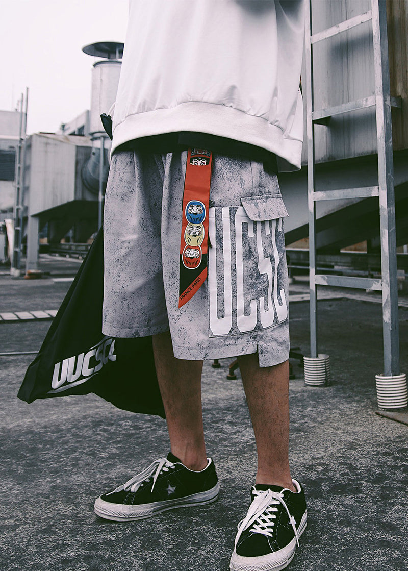 Retro Blue Print Pockets Elastic Waist Shorts Summer