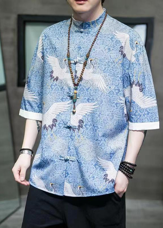 Retro Blue Stand Collar Print Chinese Button Shirts Coat Summer