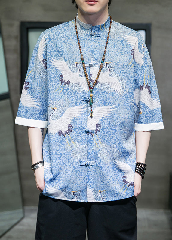 Retro Blue Stand Collar Print Chinese Button Shirts Coat Summer