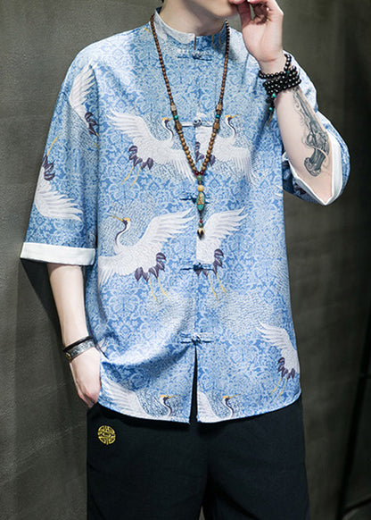 Retro Blue Stand Collar Print Chinese Button Shirts Coat Summer