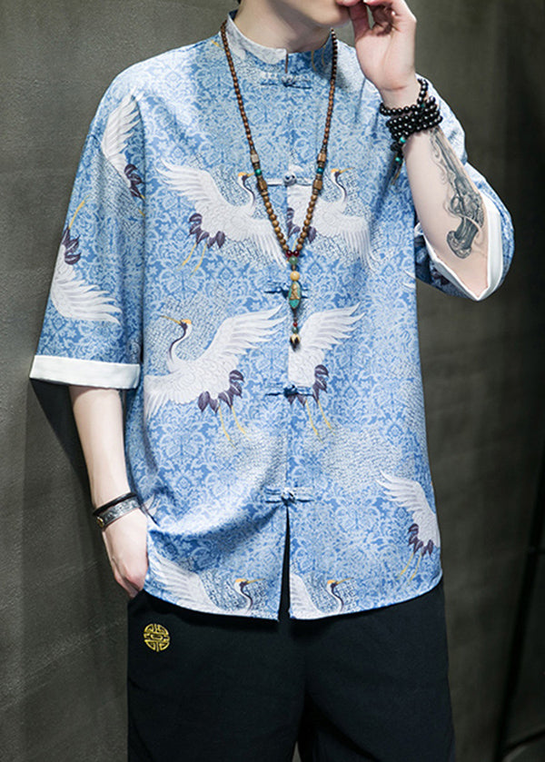 Retro Blue Stand Collar Print Chinese Button Shirts Coat Summer