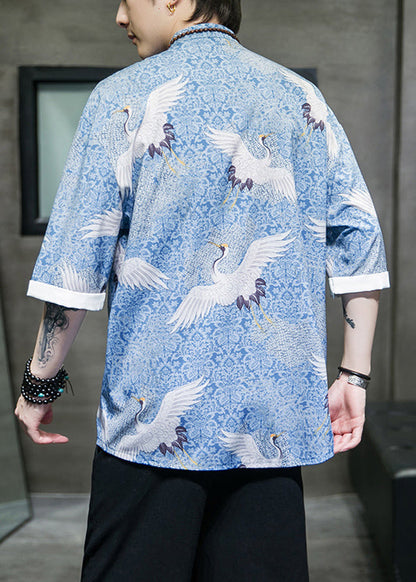 Retro Blue Stand Collar Print Chinese Button Shirts Coat Summer