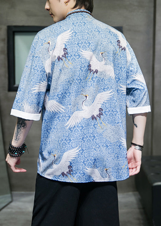 Retro Blue Stand Collar Print Chinese Button Shirts Coat Summer