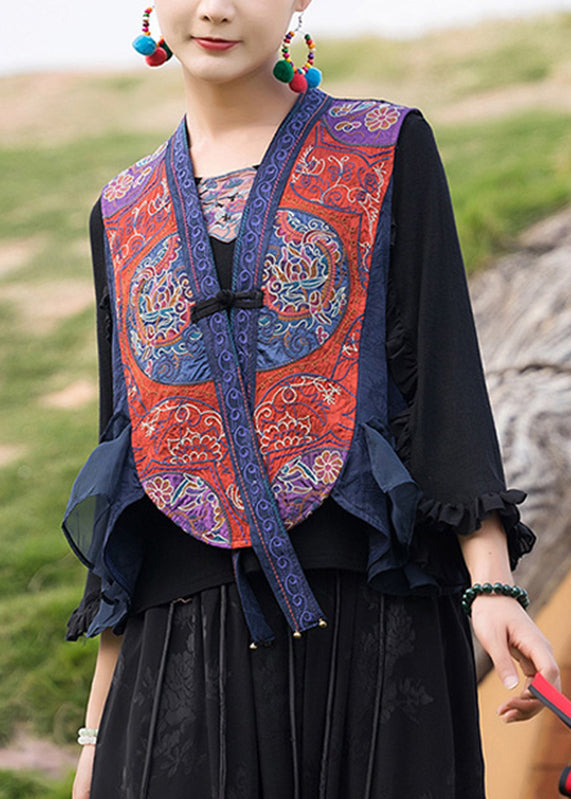Retro Blue V Neck Embroideried Waistcoat Sleeveless