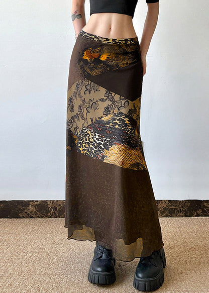 Retro Brown Print High Waist Patchwork Tulle Skirt Summer