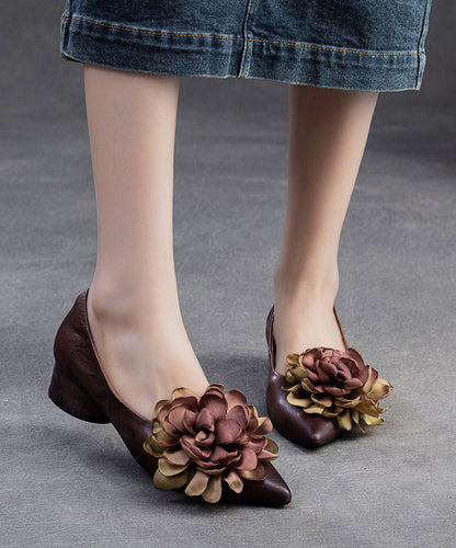 Retro Camel Pointed Toe Cowhide Leather Flats Shoes