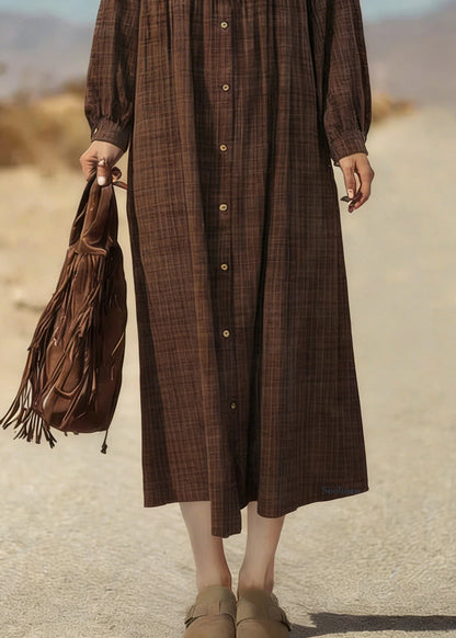 Retro Coffee Plaid Button Cotton Shirts Dress Spring